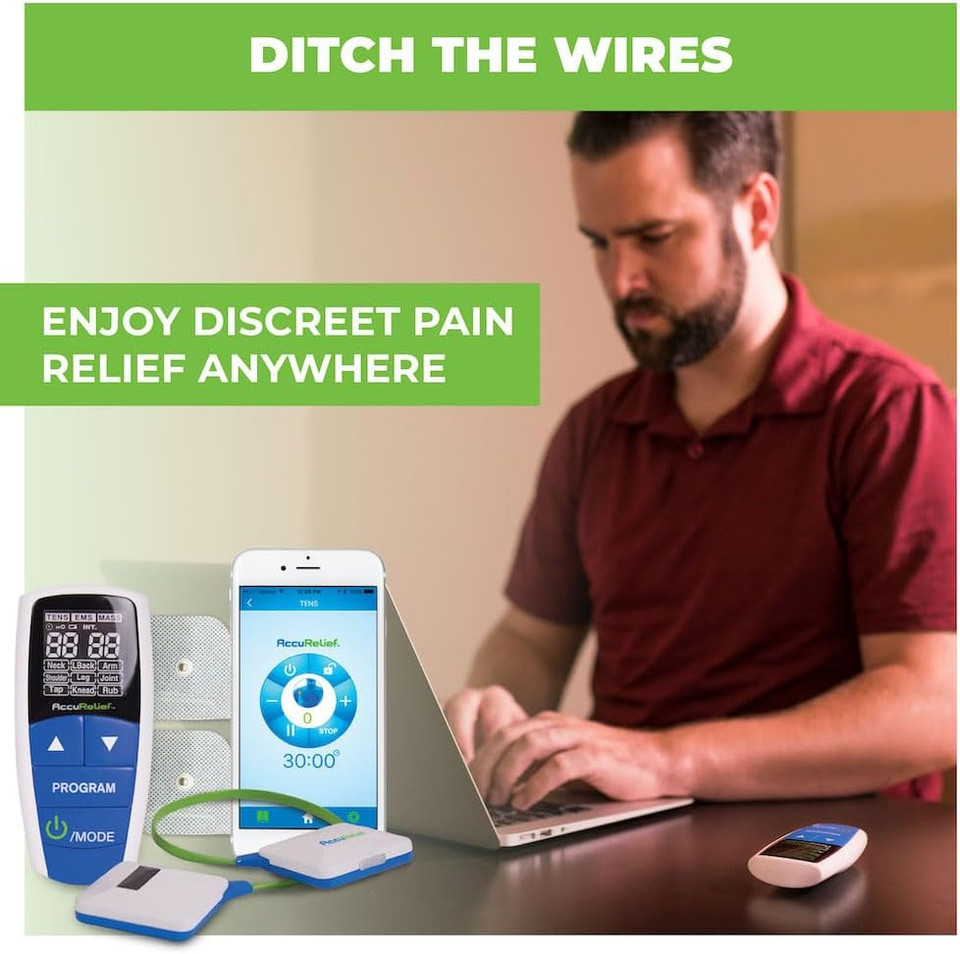AccuRelief wireless pain relief device being used on knee – effective for joint and muscle pain