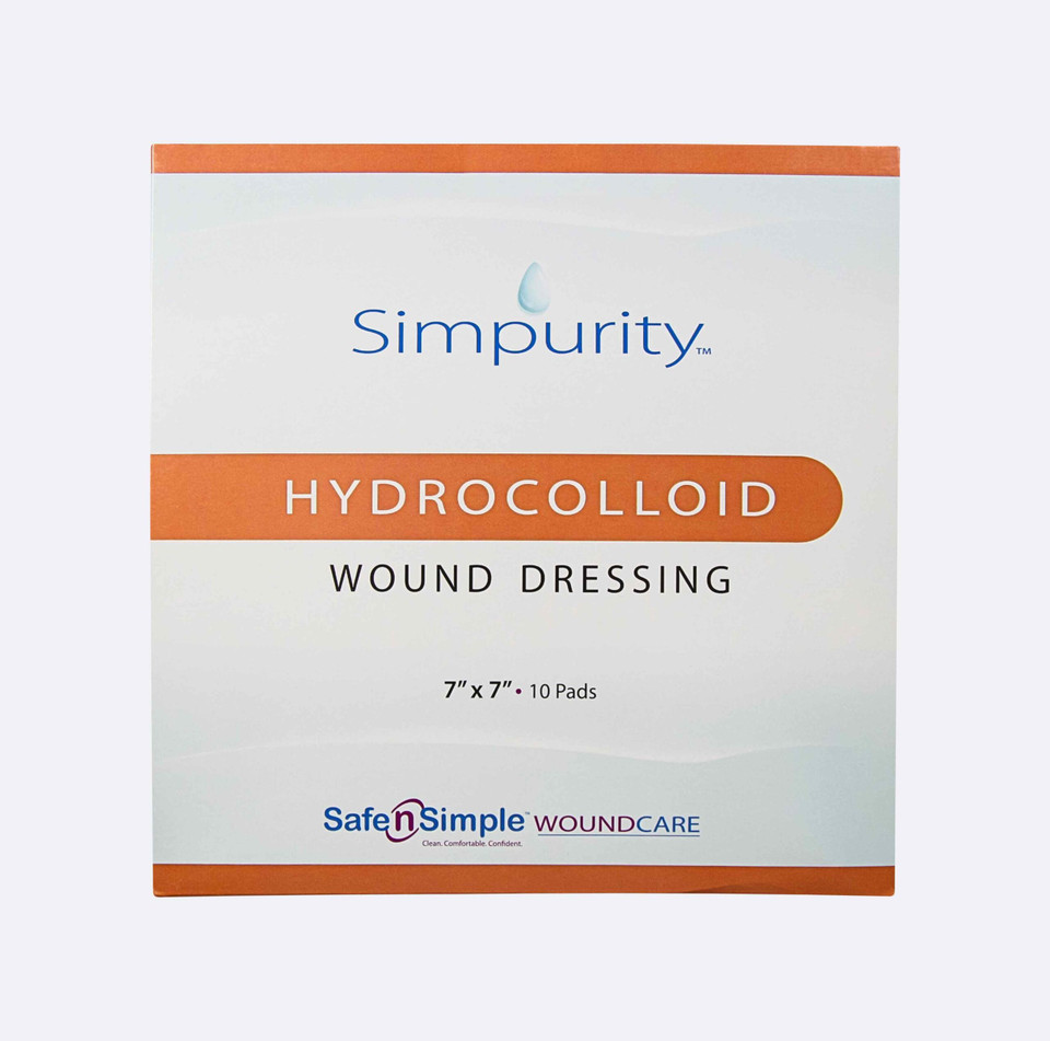 A 7x7 inch Simpurity hydrocolloid dressing sheet