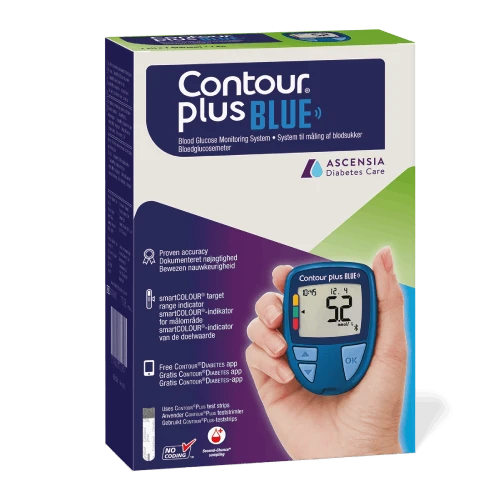 Contour Plus meter being used with test strip – 0.6 µL blood sample for comfortable testing