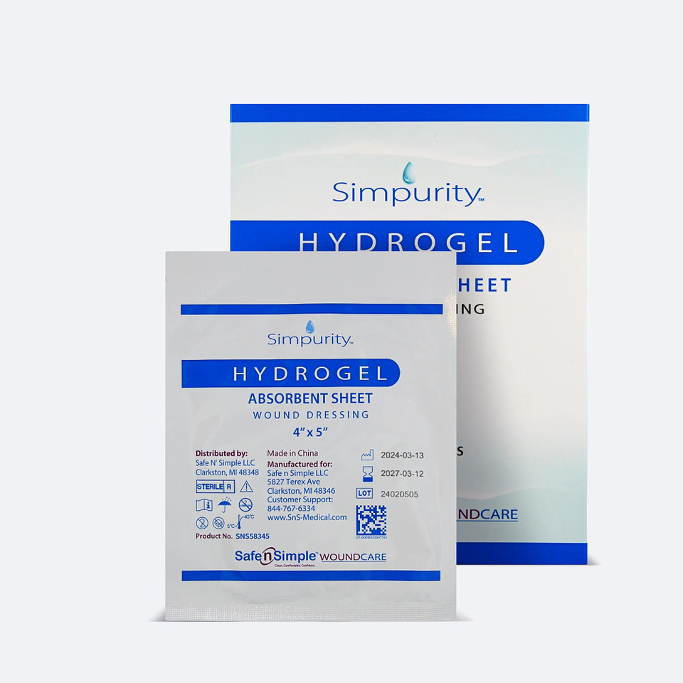Safe N' Simple 4x5 hydrogel dressing with adhesive border packaging
