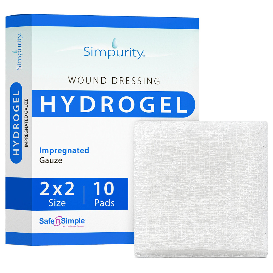 Safe N' Simple 2x2 impregnated hydrogel gauze dressing packaging