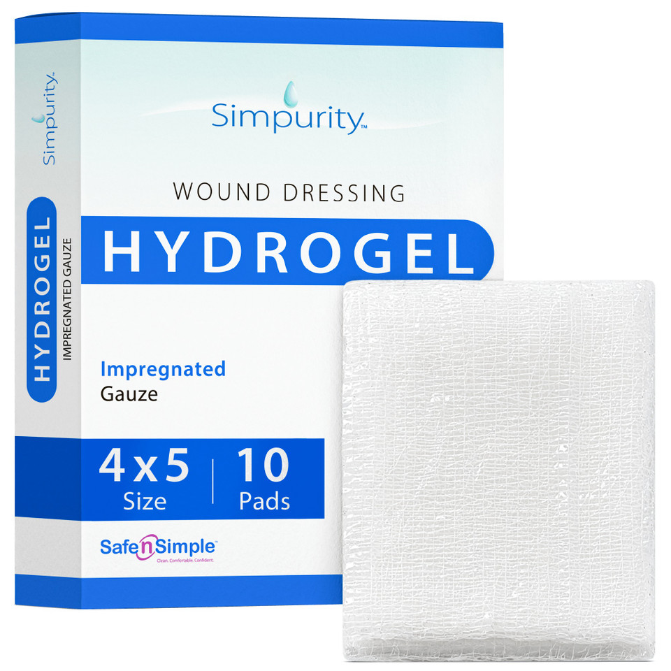 Safe N' Simple 4x5 impregnated hydrogel gauze dressing packaging