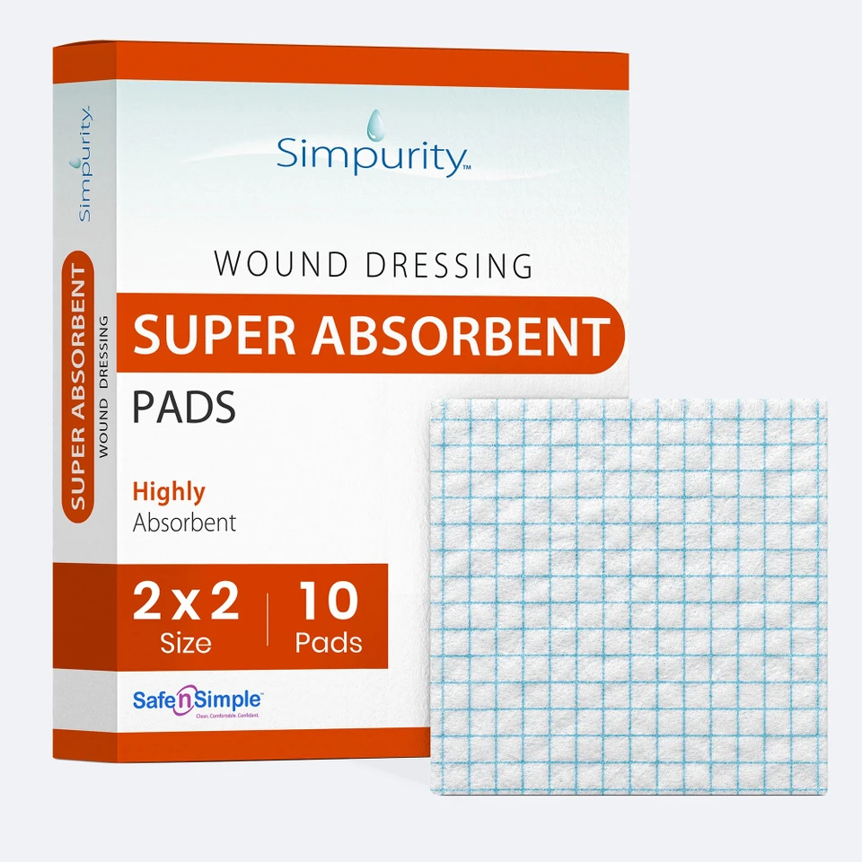 Safe N' Simple 2x2 super absorbent wound dressing packaging