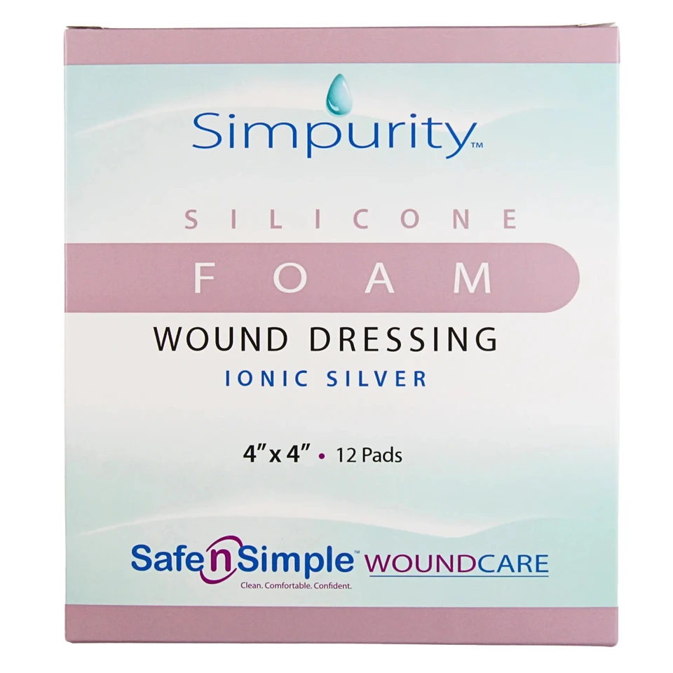 Safe N' Simple 4x4 silver silicone foam wound dressing packaging