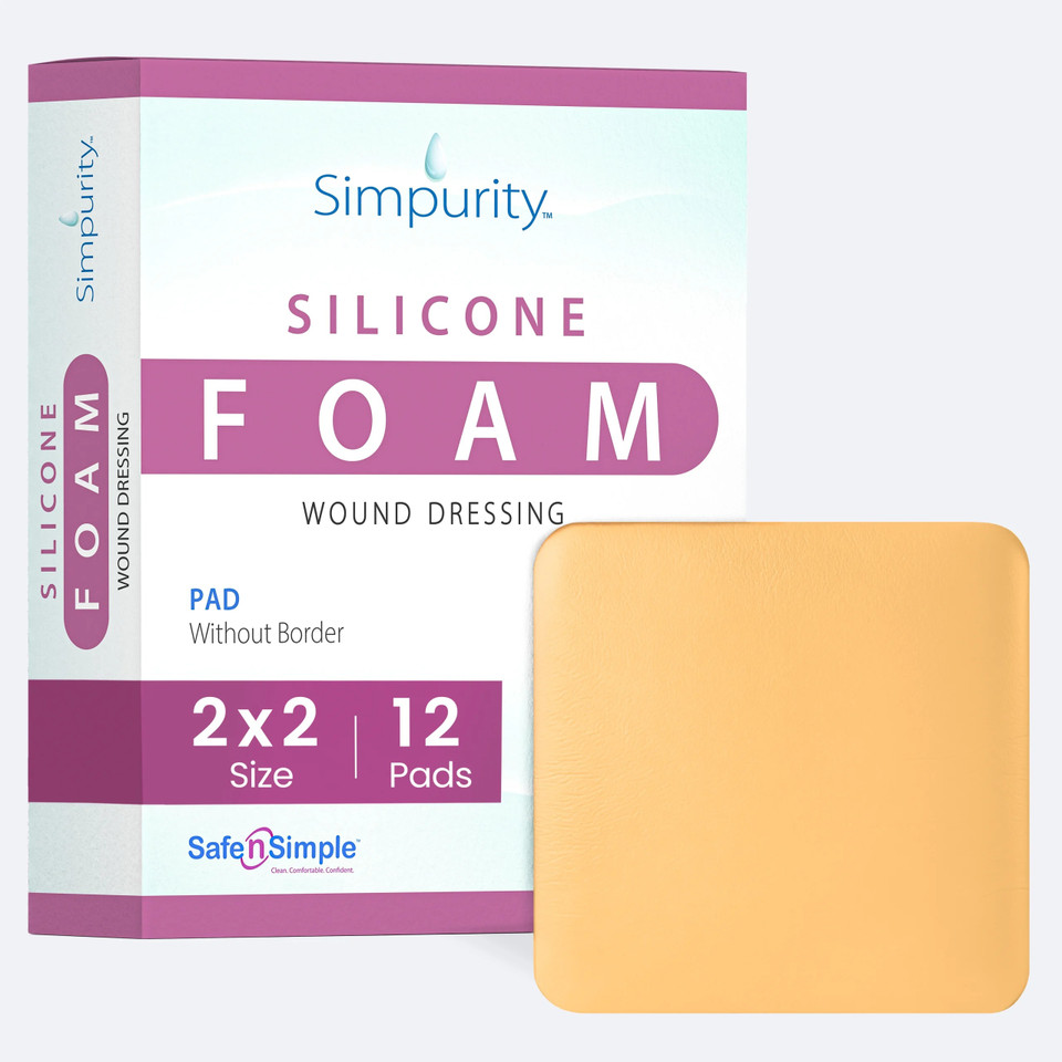 Safe N' Simple 2x2 silicone foam wound dressing packaging