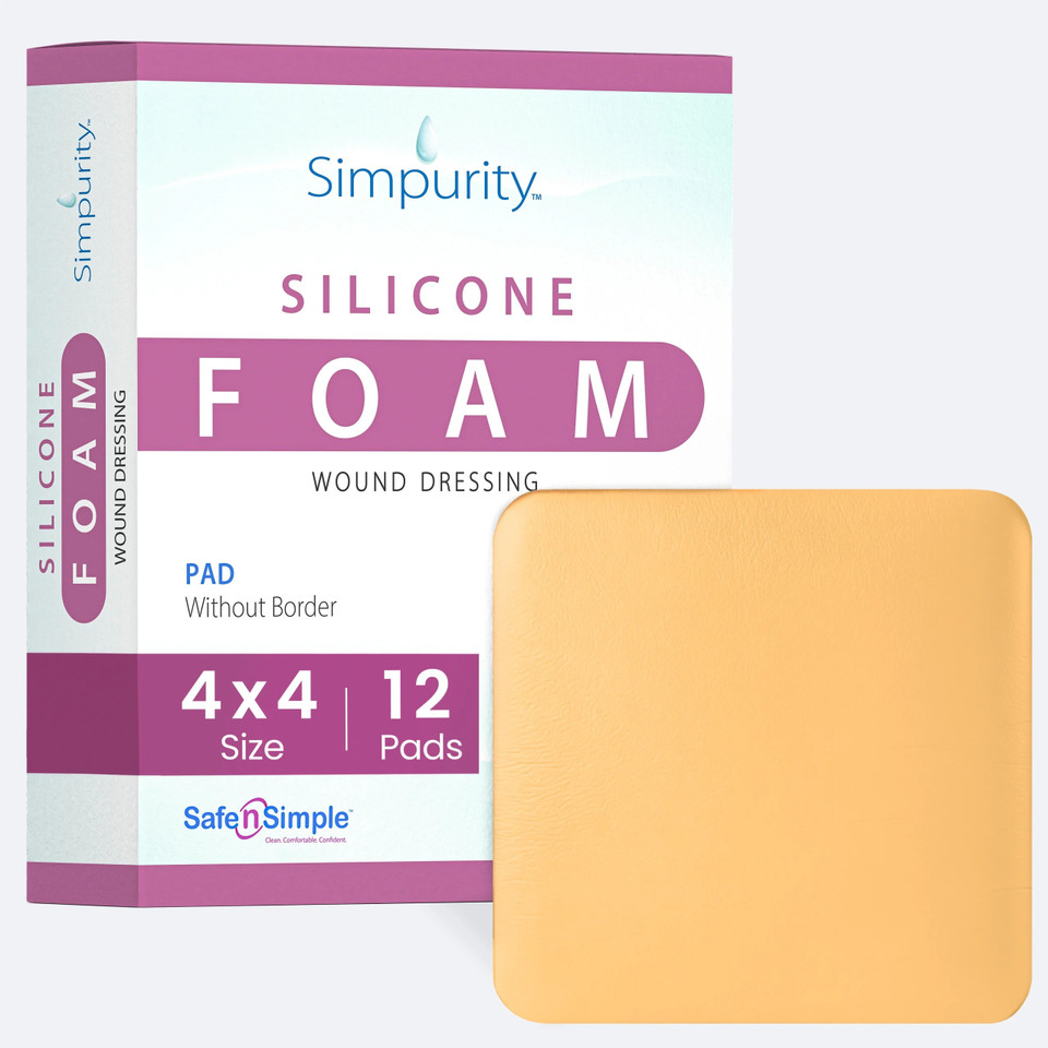 Safe N Simple 4x4 no border silicone foam wound dressing packaging