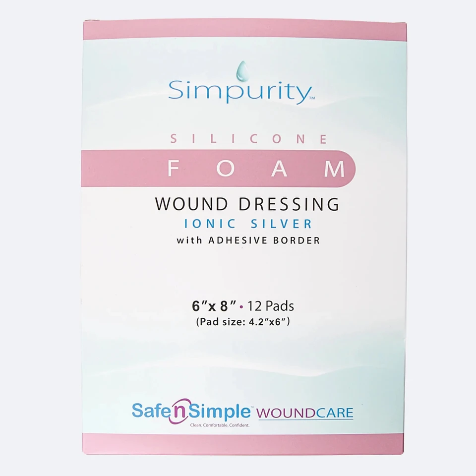 Safe N Simple 3x3 silver silicone foam dressing with border packaging
