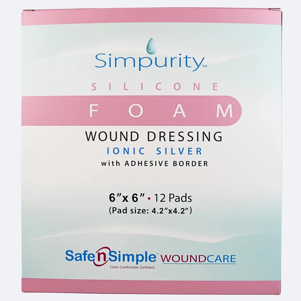 Safe N Simple 4x4 silver silicone foam dressing with border packaging