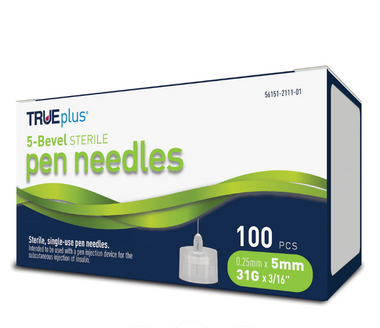 TRUEplus Sterile, Single-Use Pen Needles, 31G, 5mm (3/16 inch)