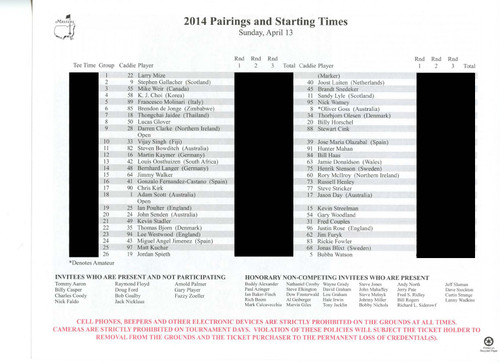 2014 Masters Tournament Sunday Pairing Sheet - Winner Bubba Watson