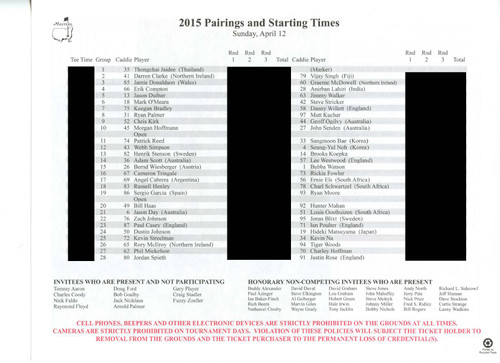 2015 Masters Tournament Sunday Pairing Sheet - Winner Jordan Spieth 2015 Masters Tournament Sunday Pairing Sheet - Winner Jordan Spieth