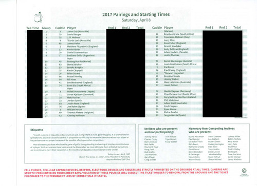 2017 Masters Tournament Saturday Pairing Sheet - Winner Sergio Garcia