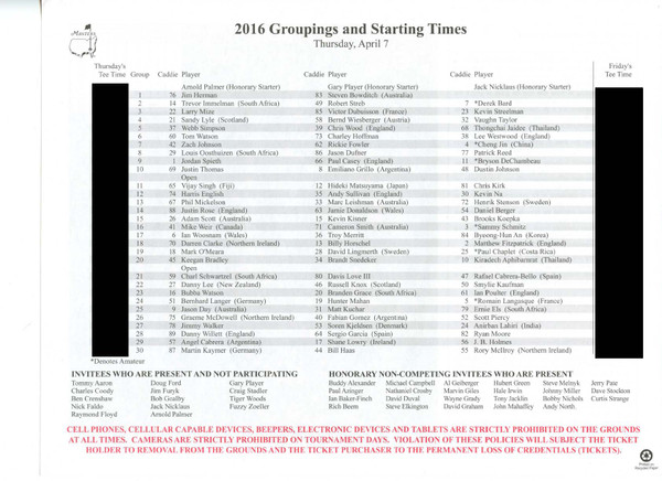2016 Masters Tournament Thursday Pairing Sheet - Winner Danny Willett