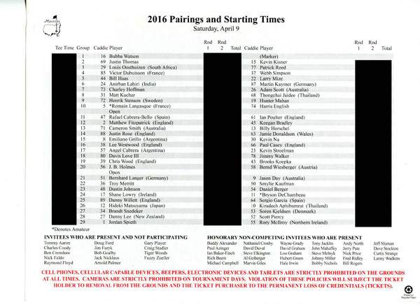 2016 Masters Tournament Saturday Pairing Sheet - Winner Danny Willett