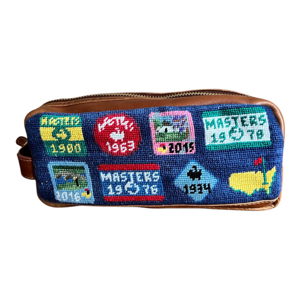 Masters Smathers & Branson Needlepoint and Leather Dopp Travel Kit Navy with icons  Masters Smathers & Branson Needlepoint and Leather Dopp Travel Kit Navy with icons