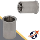Rivet Nut Countersunk - A2 Stainless - Open End Knurled Narrow Head 