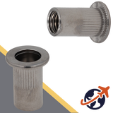 Flanged Head,A4 Stainless, OPEN End,Ribbed Rivet Insert Nut