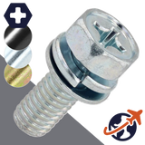 M5X0.8 Hex Phillips SEMS Screw + Flat/Lock Washer Class 4.6 Steel, Zinc