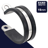 15mm Rubber Lined P Clamp,Cushioned Pipe Retaining,Stainless Steel + EPDM