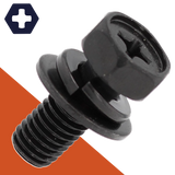 M6X1.0 Hex Phillips SEMS Black Stainless, Flat + Lock Washer