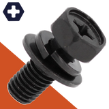 M6X1.0 Hex Phillips SEMS Black Stainless, Flat + Lock Washer