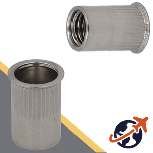 Rivet Nut Countersunk - A2 Stainless - Open End Knurled Narrow Head 