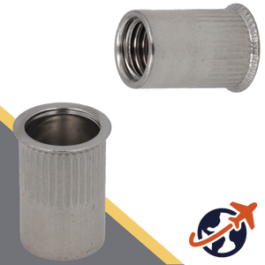 Rivet Nut Countersunk - A2 Stainless - Open End Knurled Narrow Head 