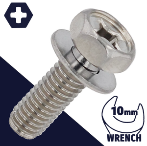 M6X1.0 Hex Phillips SEMS,Stainless Steel,Flat Washer