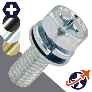 M6X1.0 Hex Phillips SEMS Screw + Flat/Lock Washer Class 4.6 Steel, Zinc