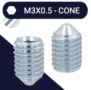 M3X0.5 Cone Point Set Screw - DIN 914 Zinc Plated