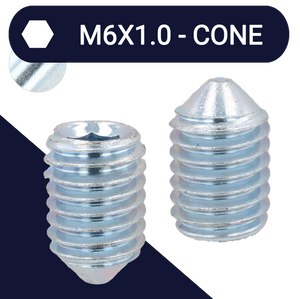 M6X1.0 Cone Point Set Screw - DIN 914 Zinc Plated