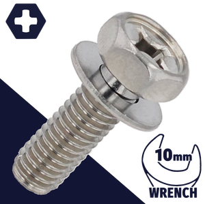 M6X1.0 Hex Phillips SEMS,Stainless Steel,Flat Washer