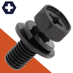 M6X1.0 Hex Phillips SEMS Black Stainless, Flat + Lock Washer