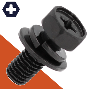 M8X1.25 Hex Phillips SEMS Black Stainless, Flat + Lock Washer