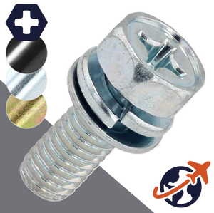 M3X0.5 Hex Phillips SEMS,Class 4.6 Steel, Zinc,Flat+Lock Washer / Wrench 5.5mm