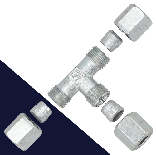 Metric Tee Union DIN "LL",Compression Set,Zinc Plated Steel