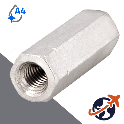 Hex Coupler Nut DIN 6334,Length 3x Diameter,A4-50 Stainless Steel