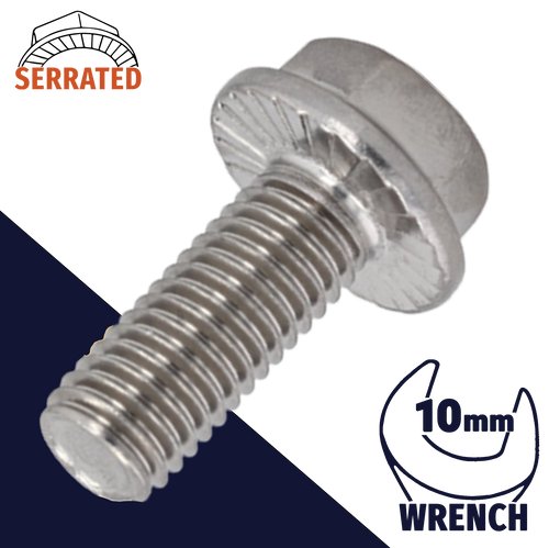 M6X1.0 Serrated Flange Bolt,A2-70 Stainless,DIN 6921 / 10mm Wrench