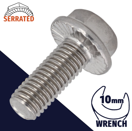 M6X1.0 Serrated Flange Bolt,A2-70 Stainless,DIN 6921 / 10mm Wrench