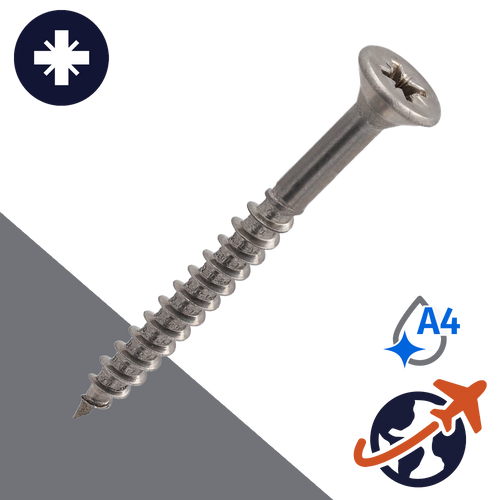 M3.5 Pozidrive Flat Head,Wood Thread,A4 Stainless Steel