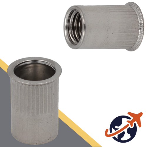 Countersunk, Narrow Head,A2 Stainless, OPEN End,Ribbed Rivet Insert Nut