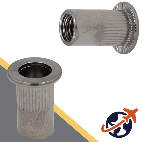 Flanged Head,A4 Stainless, OPEN End,Ribbed Rivet Insert Nut