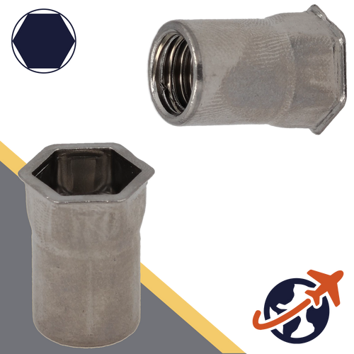 Rivet Nut Countersunk - A2 Stainless - Open End Semi-Hex Head 