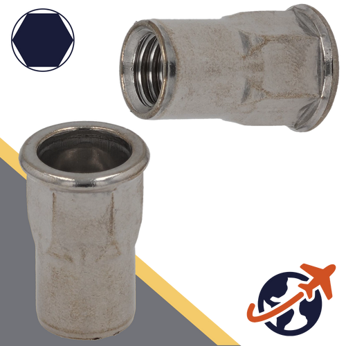 Rivet Nut Flanged - A2 Stainless - Open End Semi-Hex Head 