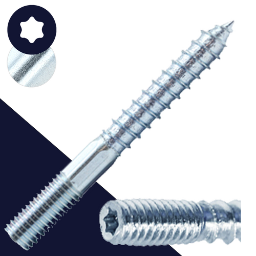 M10X1.5 Torx Hanger Bolt,Steel Zinc Plated,Machine + Wood Thread