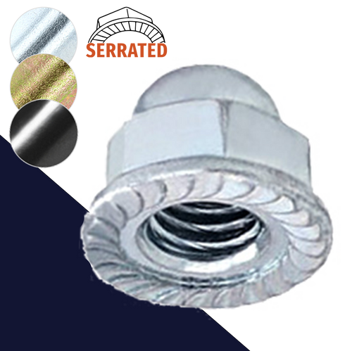 Flanged Acorn Nut,Stainless Steel,Serrated Flange