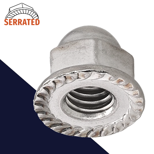 Flanged Acorn Nut,Stainless Steel,Serrated