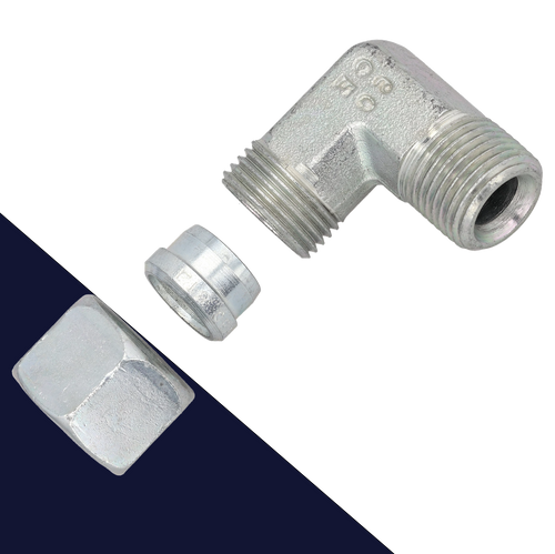 Metric to NPT Elbow Union,Compression Set,Zinc Plated Steel