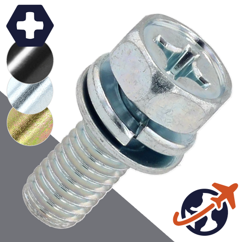 M3X0.5 Hex Phillips SEMS Screw + Flat/Lock Washer Class 4.6 Steel, Zinc