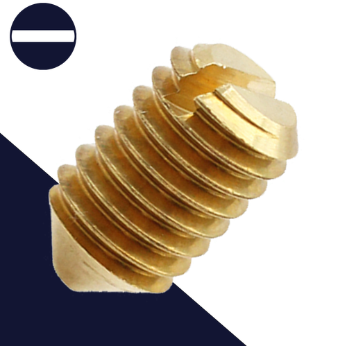 M6X1.0 Cone Point Grub Screw,DIN 553 / ISO 7434,Slotted Drive, Brass